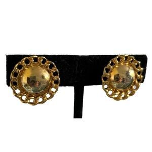 Gold Tone Chain Border Dome Button Clip On Earrings 80s Vintage Shiny 1”